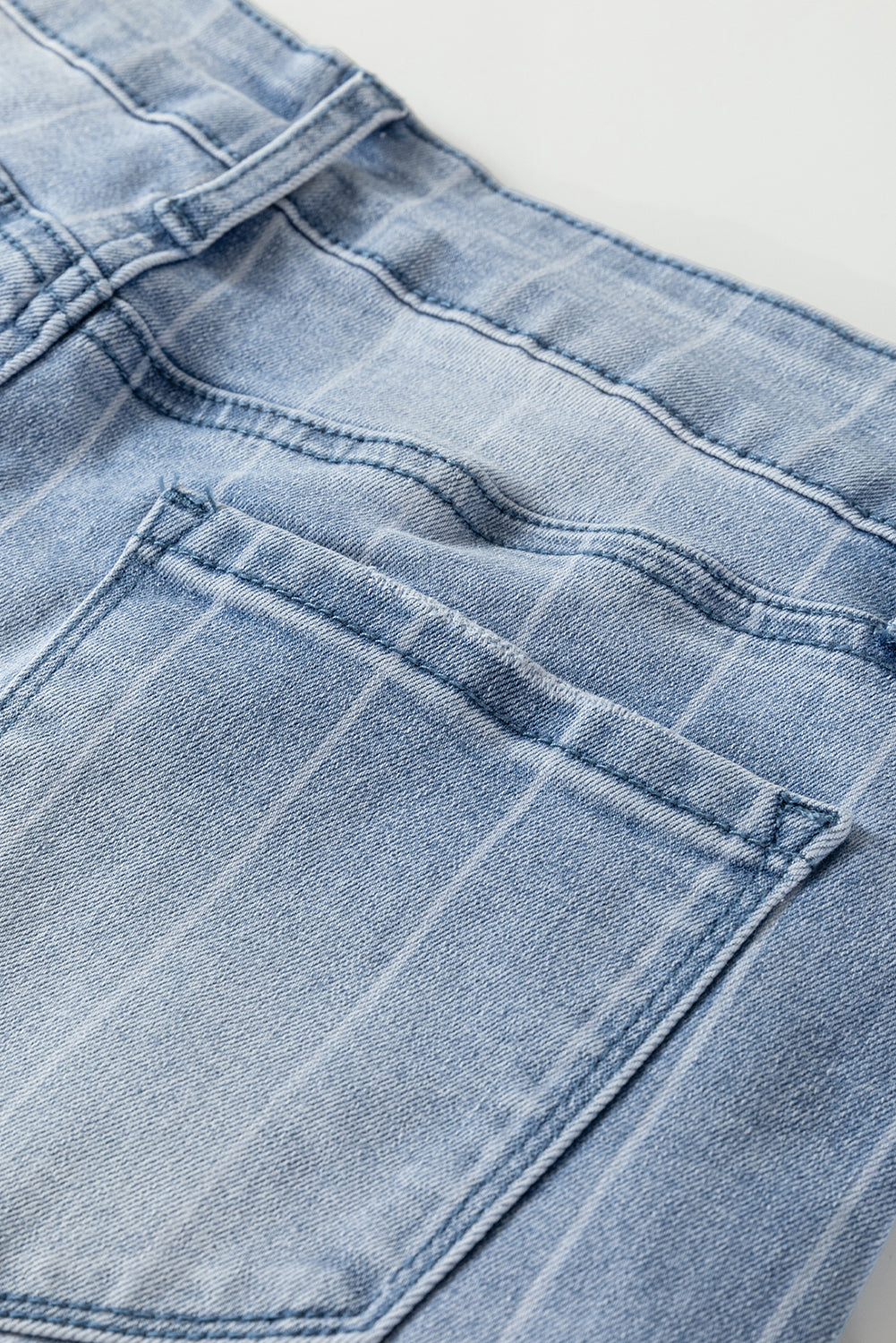 Beau Blue Multi Buttons Pinstripe Wide Leg Jeans by Mommas Hive, cotton blend denim with button details and wide-leg fit.