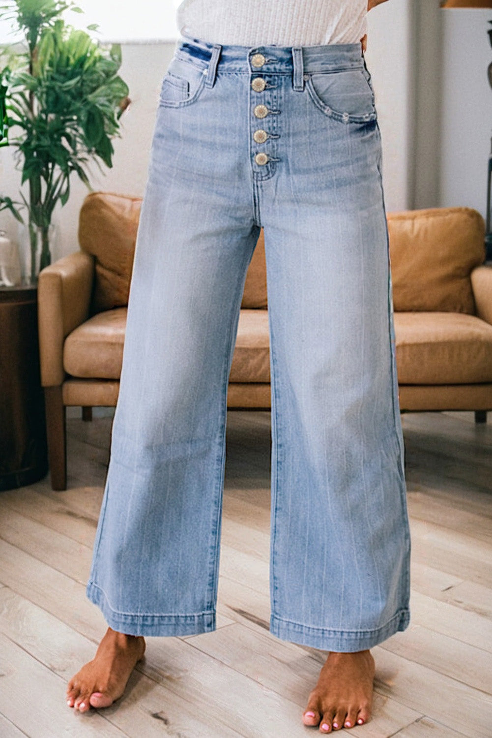 Beau Blue Multi Buttons Pinstripe Wide Leg Jeans by Mommas Hive, showing the stylish blue jeans with multi-button detail and wide-leg fit.