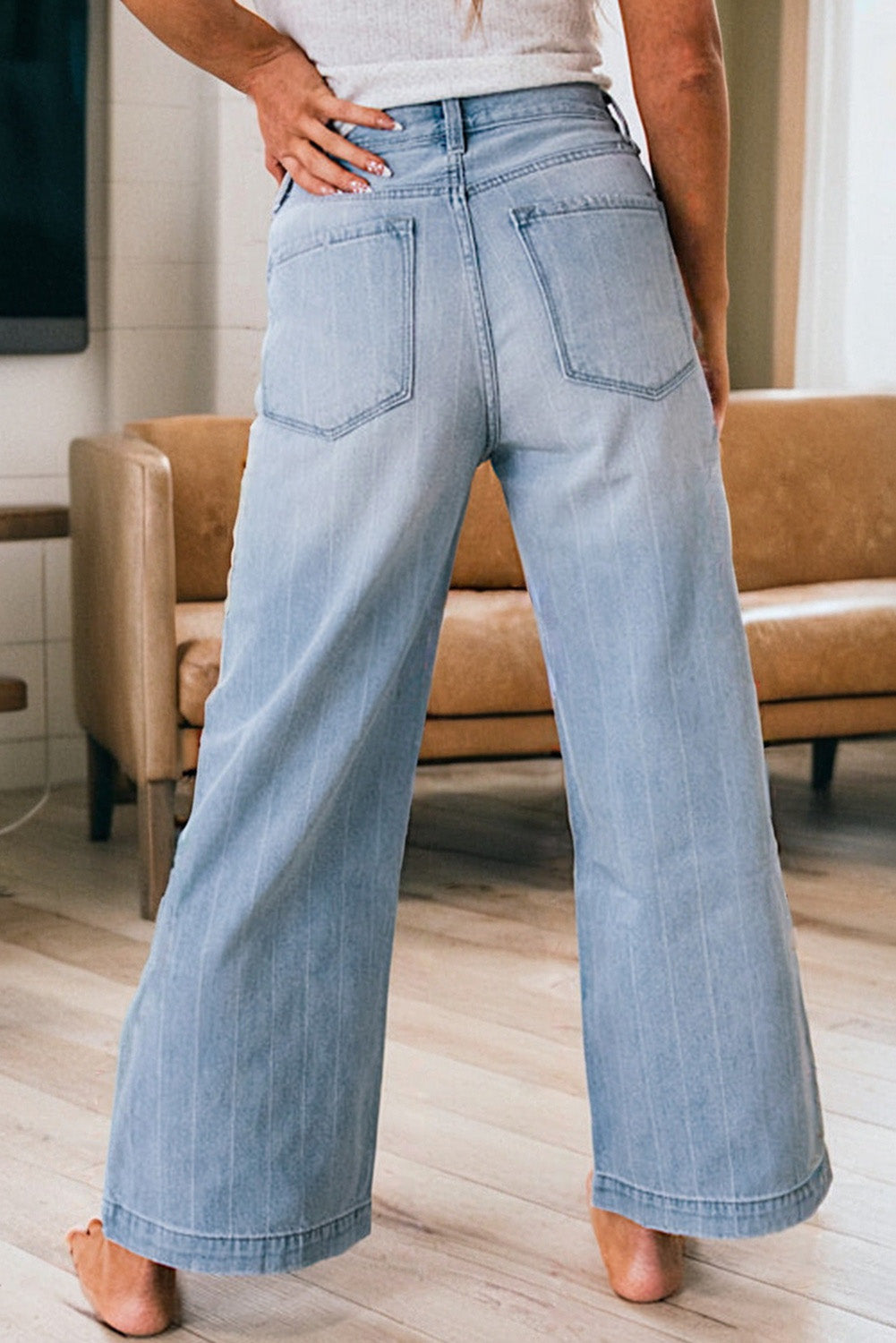 Beau Blue Multi Buttons Pinstripe Wide Leg Jeans by Mommas Hive, stylish denim bottoms with button details and a wide-leg fit.