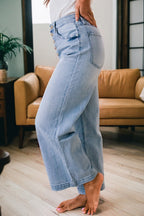 Beau Blue Multi Buttons Pinstripe Wide Leg Jeans by Mommas Hive, featuring a stylish wide-leg design with button details.
