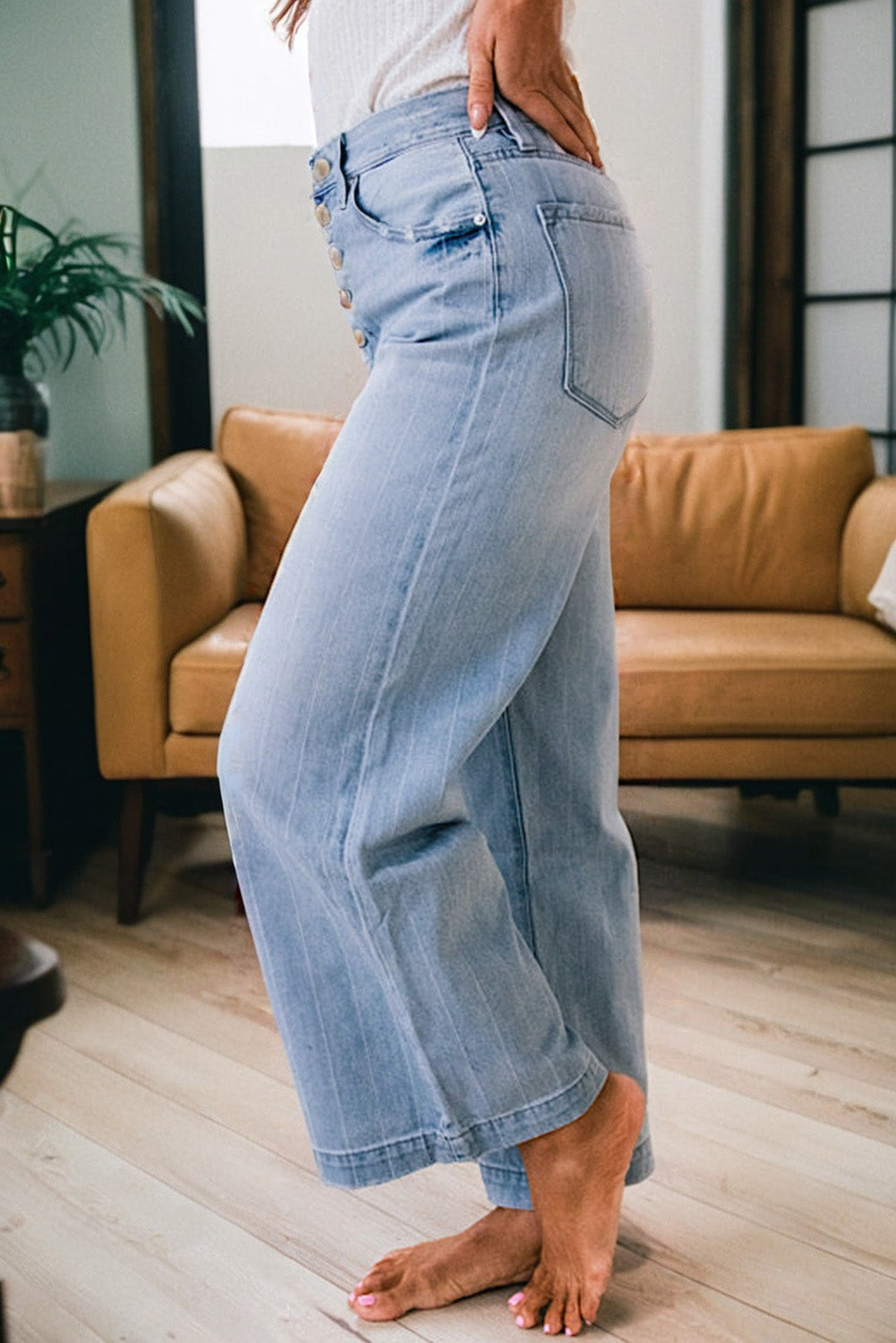 Beau Blue Multi Buttons Pinstripe Wide Leg Jeans by Mommas Hive, featuring a stylish wide-leg design with button details.