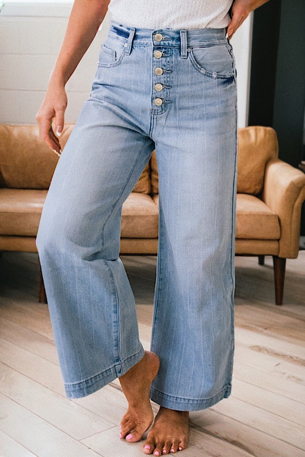 Beau Blue Multi Buttons Pinstripe Wide Leg Jeans by Mommas Hive, featuring button details and a stylish wide-leg fit.