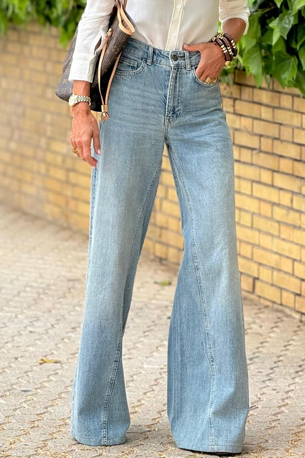 Dusk blue acid wash Mommas Hive extra wide leg high waist long jeans, cotton blend denim with relaxed fit and stylish design