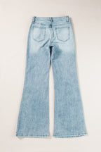 Dusk blue acid wash Mommas Hive wide-leg high waist long jeans with 6.75 oz cotton, polyester, and elastane fabric.