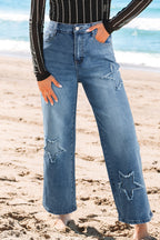 Stone blue star patchwork cropped wide-leg high waist jeans by Mommas Hive, showcasing the stylish patchwork design and relaxed fit.