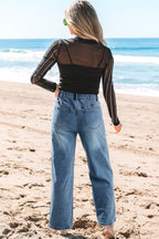 Stone blue patchwork cropped wide-leg jeans by Mommas Hive featuring high waist and star patch details.