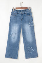 Stone blue Star Patchwork cropped wide-leg high-waist jeans by Mommas Hive, featuring patchwork design and relaxed fit.