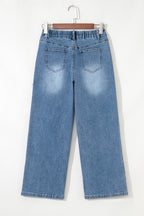 Stone blue patchwork wide-leg high waist jeans by Mommas Hive, cropped design with star details and comfortable stretch fabric.