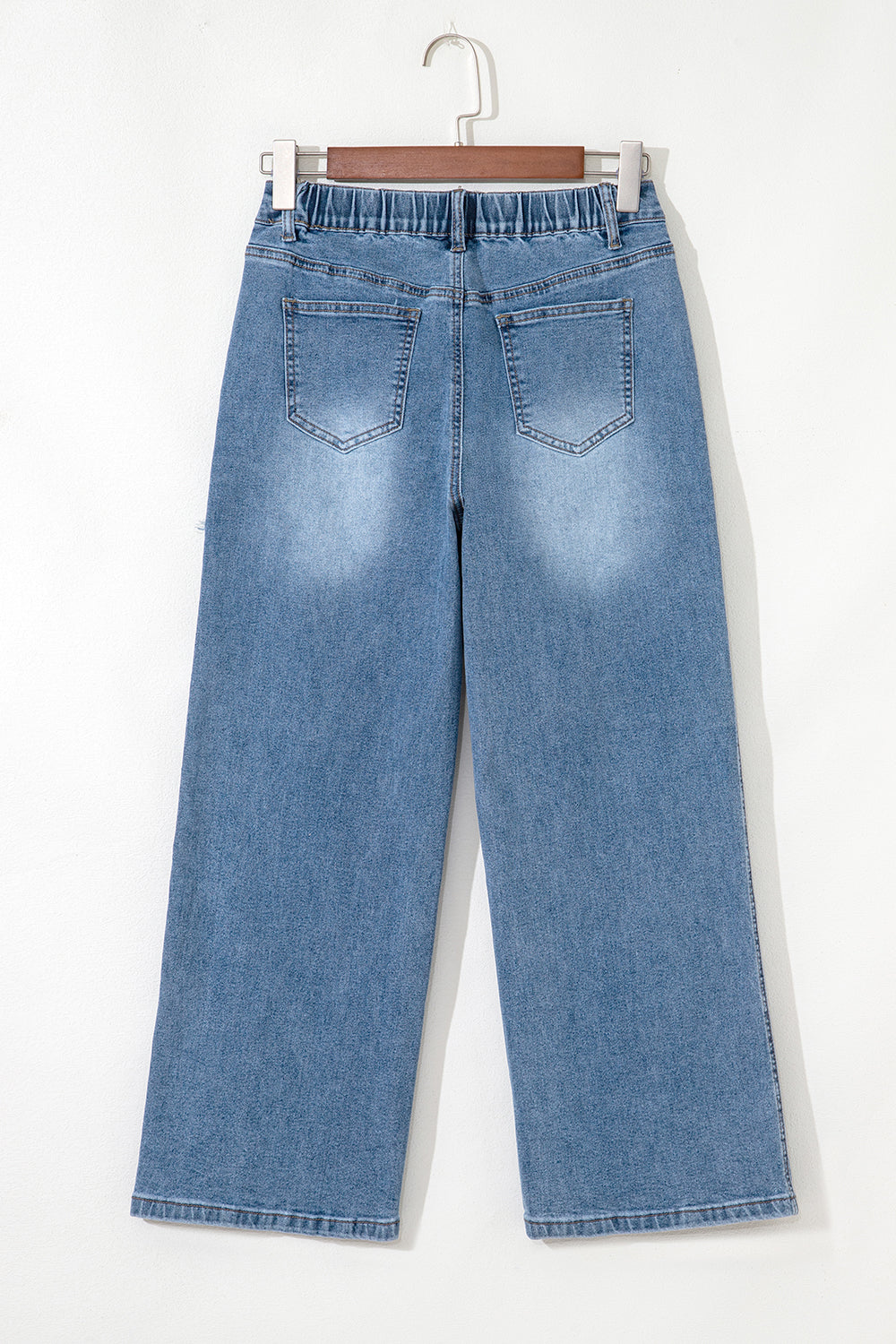 Stone blue patchwork wide-leg high waist jeans by Mommas Hive, cropped design with star details and comfortable stretch fabric.