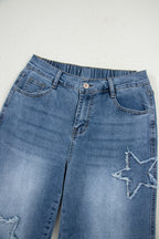 Stone blue star patchwork cropped wide-leg high-waist jeans from Mommas Hive, featuring a comfortable fit and stylish design.