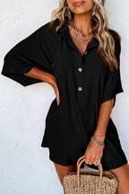 Bright pink Mommas Hive half-button collared loose romper, made from lightweight polyester, featuring a relaxed fit and casual style.