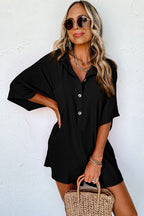 Bright pink Mommas Hive half-button collared loose romper, lightweight polyester jumpsuit with relaxed fit and stylish collar detail.