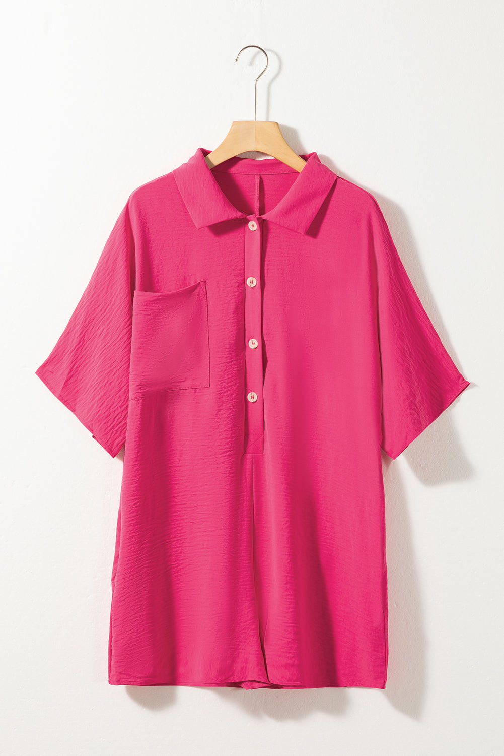 Bright pink Mommas Hive half-button collared loose romper, made of lightweight polyester, perfect for casual wear.