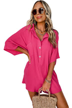 Bright pink Mommas Hive half-button collared loose romper, made of lightweight polyester, featuring a relaxed jumpsuit style.