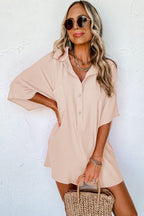 Bright pink Mommas Hive half button collared loose romper, made of 100% polyester, featuring a relaxed fit and stylish design.