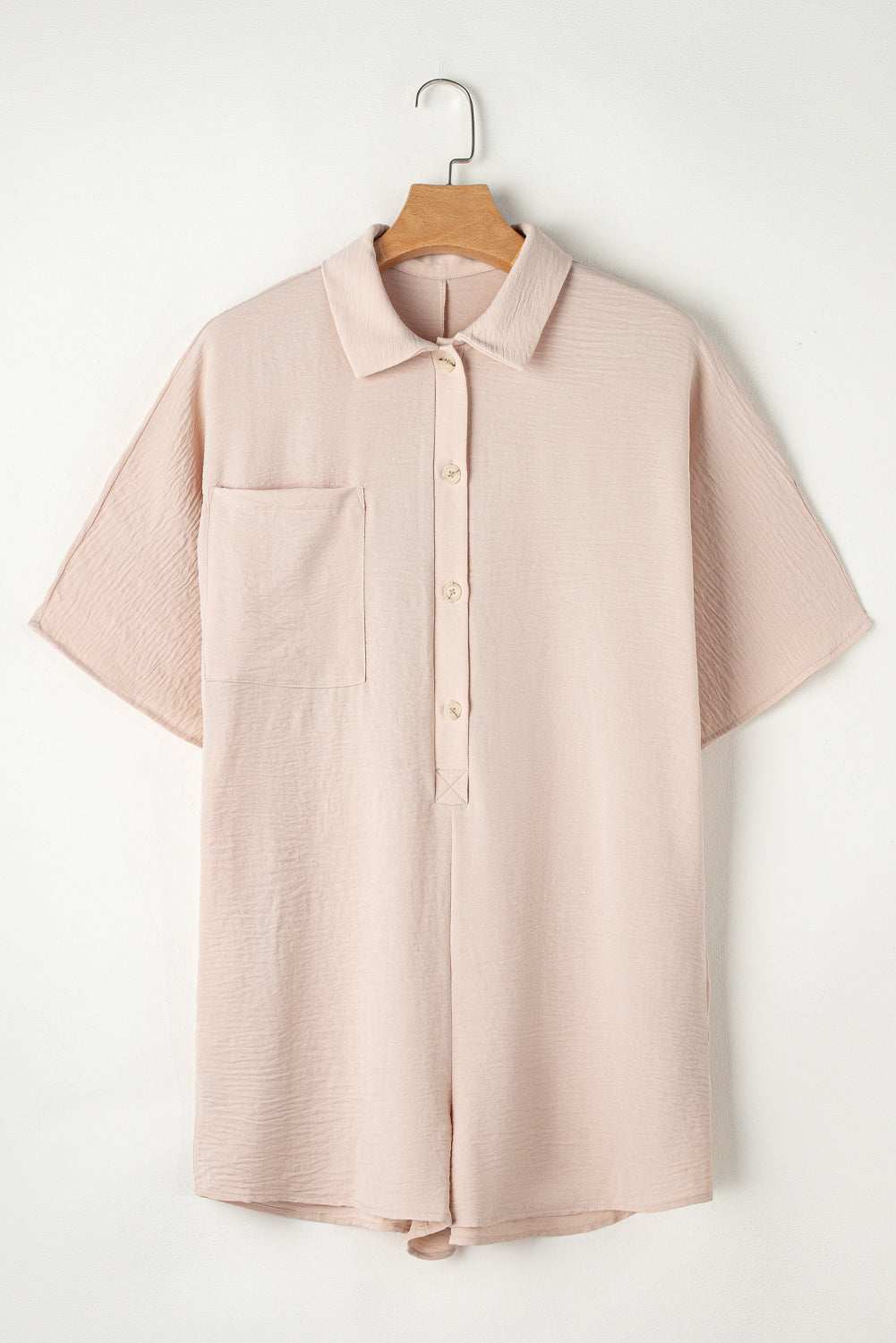Bright pink Mommas Hive half-button collared loose romper made of lightweight polyester, perfect for casual wear.