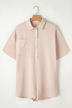 Bright pink Mommas Hive half-button collared loose romper made of lightweight polyester, perfect for casual wear.