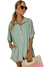 Bright pink Mommas Hive half-button collared loose romper made of 100% polyester, featuring a relaxed fit and stylish design.