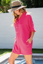 Bright pink Mommas Hive half-button collared loose romper with short sleeves, made of 100% polyester, perfect for casual wear.