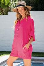 Bright pink Mommas Hive half-button collared loose romper, made of 100% polyester, featuring a relaxed fit and casual style.