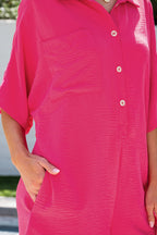 Bright pink Mommas Hive half-button collared loose romper, lightweight polyester jumpsuit with relaxed fit and casual style.
