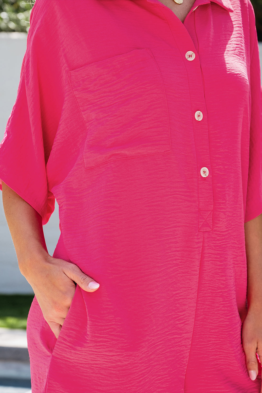 Bright pink Mommas Hive half-button collared loose romper, lightweight polyester jumpsuit with relaxed fit and casual style.