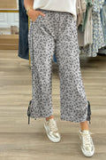 Gray leopard high waist culotte pants with side bow, straight-leg design, made by Mommas Hive, featuring polyester and elastane fabric.