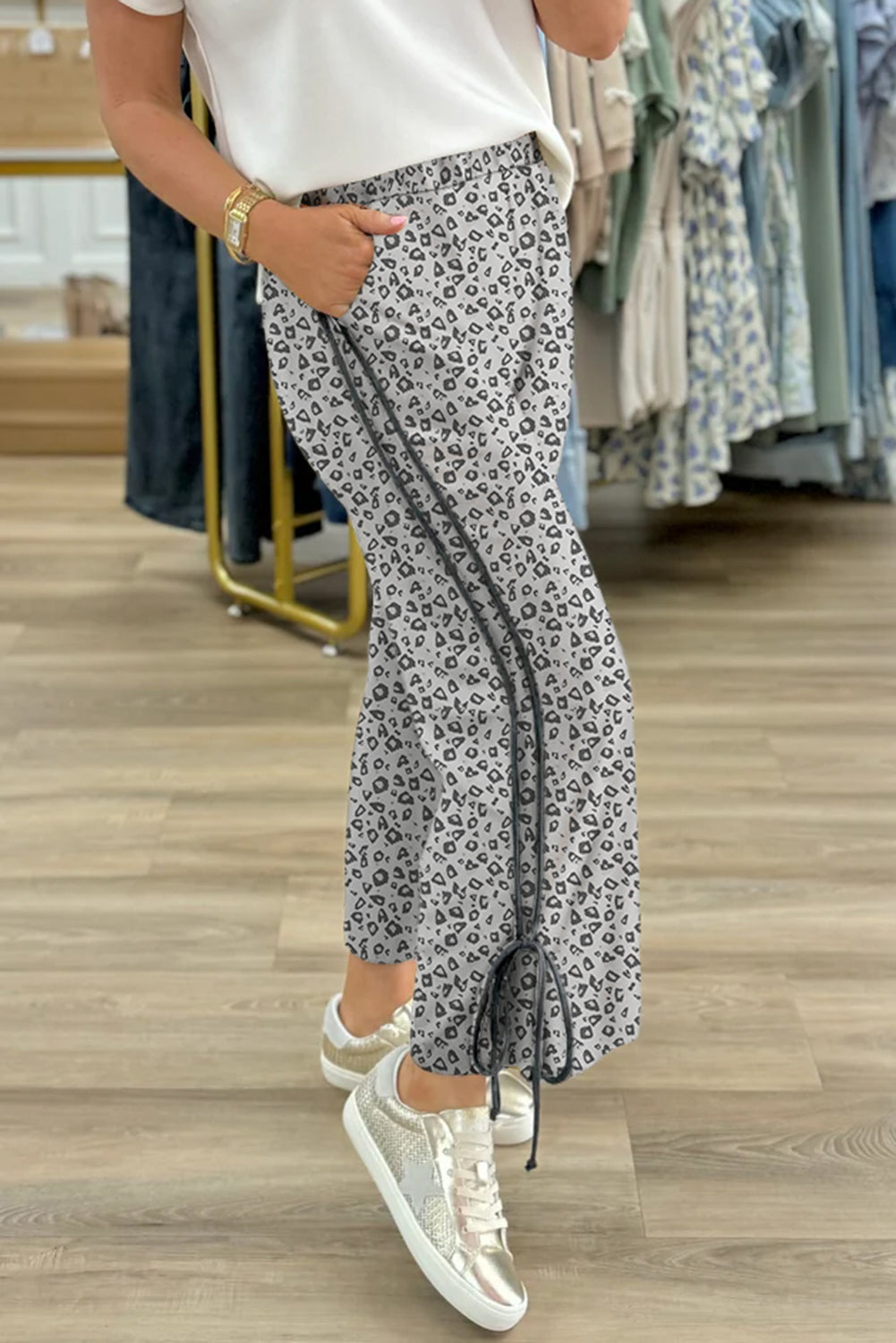 Gray leopard print high waist culotte pants with side bow and straight-leg fit from Mommas Hive.