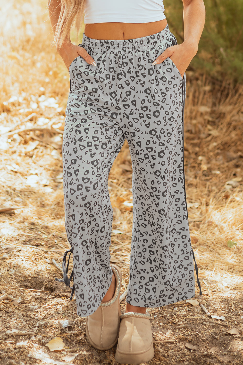 Gray leopard print high waist culotte with side bow and straight leg from Mommas Hive, made of polyester and elastane.