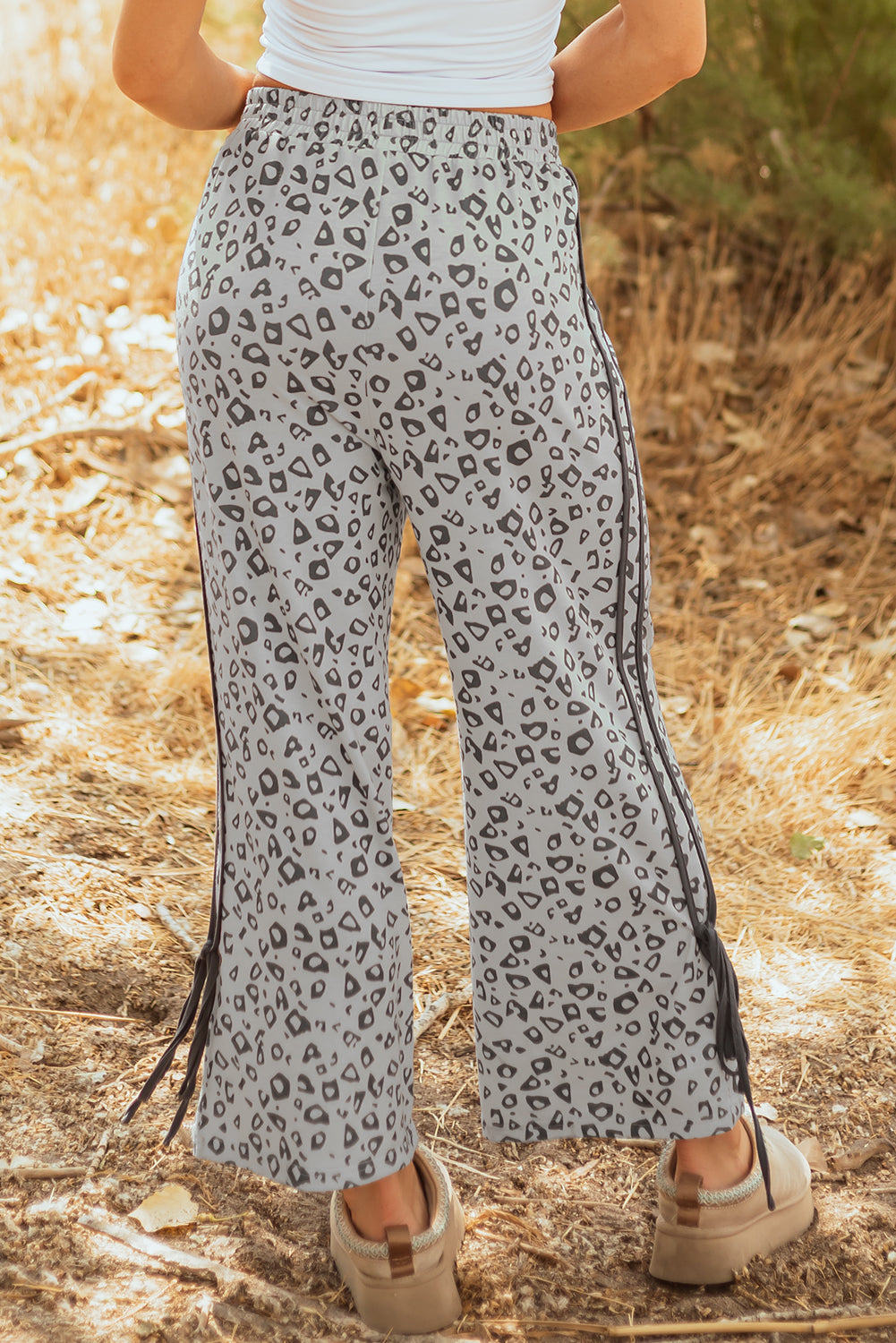 Gray leopard print high waist culotte pants with side bow and straight-leg fit by Mommas Hive.