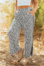 Gray leopard print high waist culotte pants with side bow and straight leg from Mommas Hive, made of polyester and elastane.