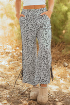 Gray leopard high waist culotte pants by Mommas Hive with side bow, straight-leg design, made of polyester and elastane.