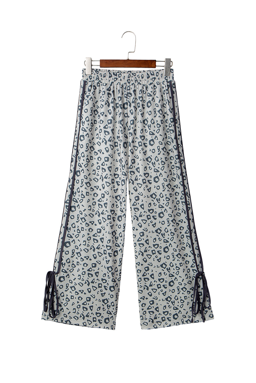 Gray leopard print high waist culottes with side bow, straight leg design from Mommas Hive, made of polyester and elastane.
