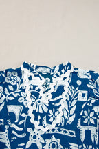 Blue floral dress by Mommas Hive with ricrac trim, split neck, loose fit, and lightweight polyester fabric.