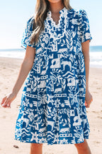 Blue floral loose dress with ricrac trim, split neck, and short sleeves from Mommas Hive, made of lightweight polyester fabric.