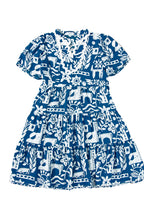 Blue floral loose dress with split neck and ricrac trim from Mommas Hive, made of lightweight polyester fabric.