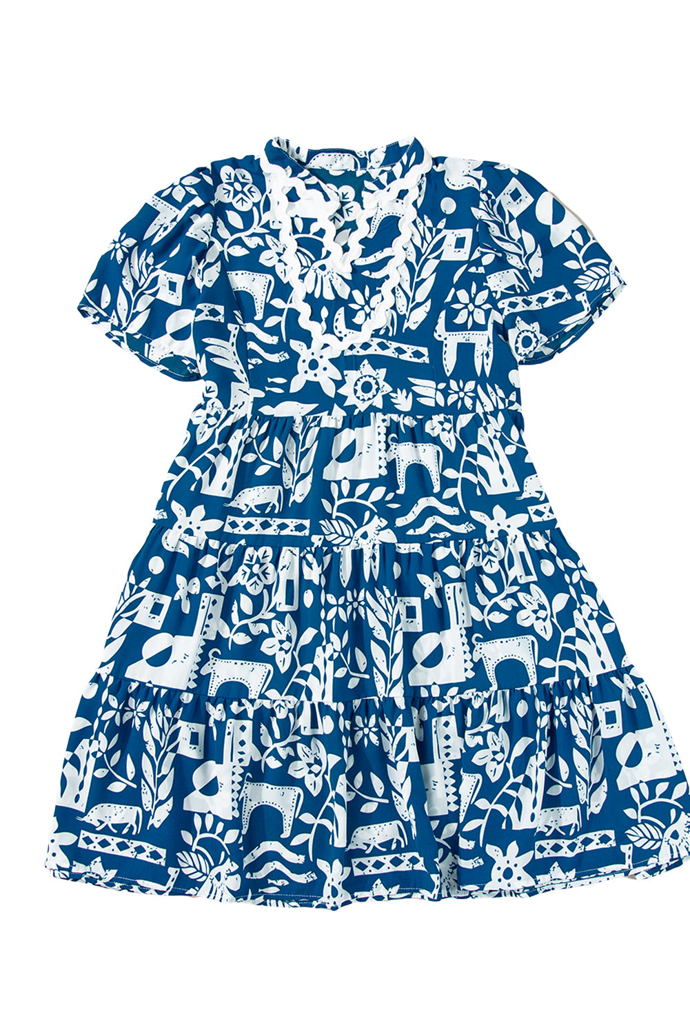 Blue floral loose dress with split neck and ricrac trim from Mommas Hive, made of lightweight polyester fabric.