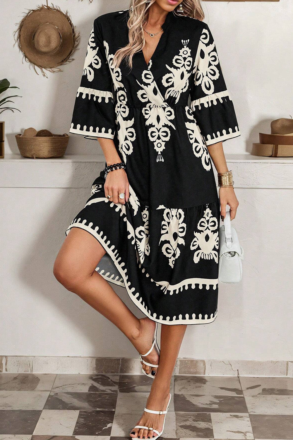 Black Western geometric print midi dress by Mommas Hive with 3/4 sleeves and a loose, comfortable fit.