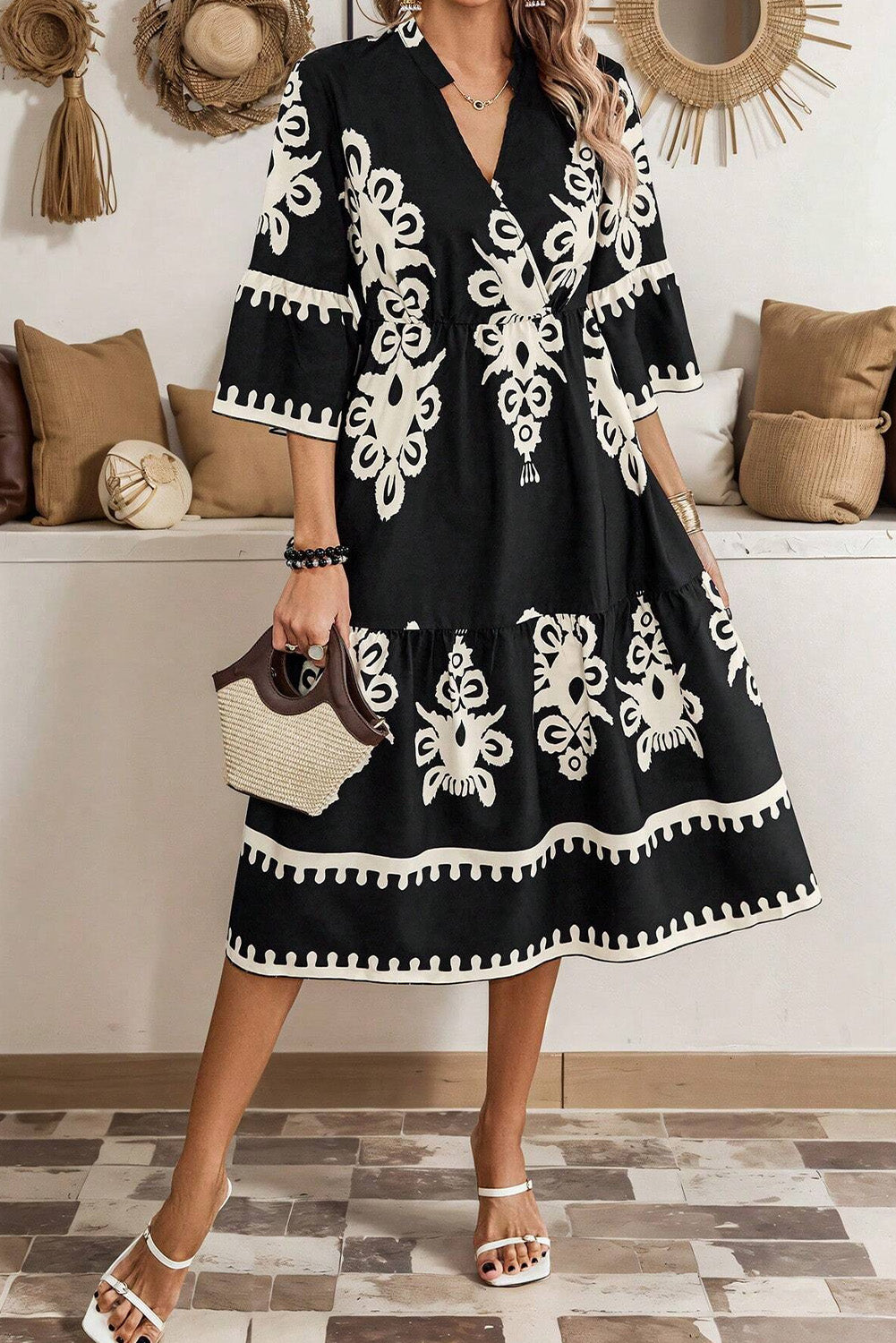 Black Western geometric print midi dress by Mommas Hive with 3/4 sleeves and a loose, flowy fit for casual or stylish wear.