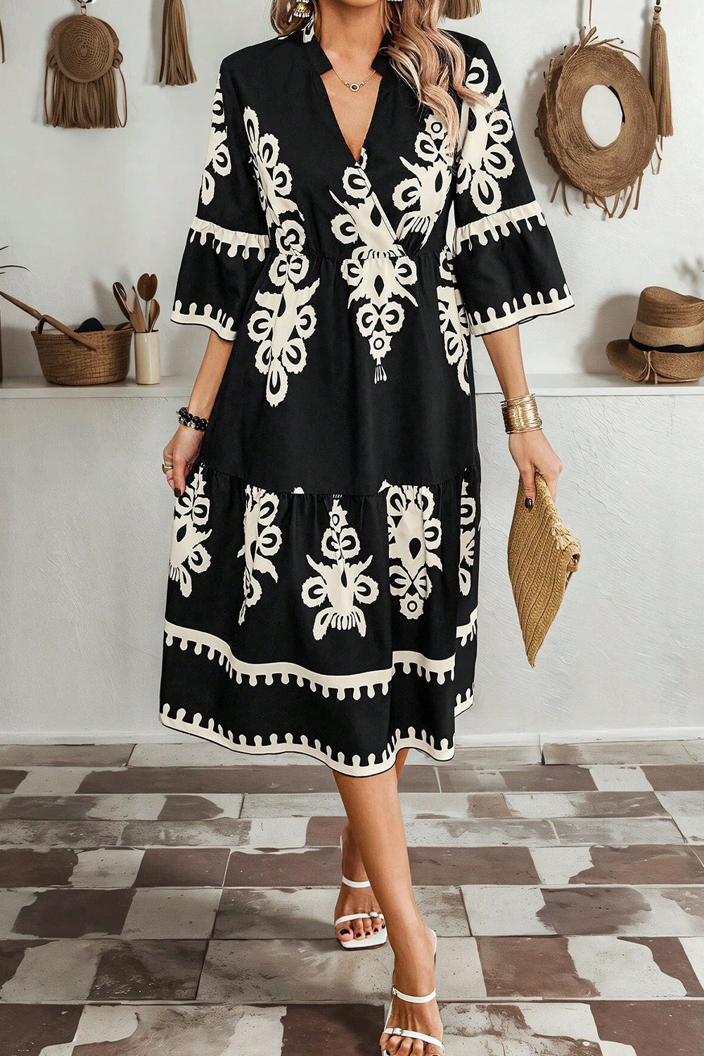 Black Western geometric print midi dress by Mommas Hive, 3/4 sleeves, loose fit, polyester fabric, stylish and comfortable.