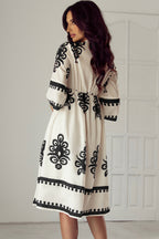 Black Western geometric print midi dress by Mommas Hive with 3/4 sleeves, loose fit, perfect for casual or southwestern-inspired style.