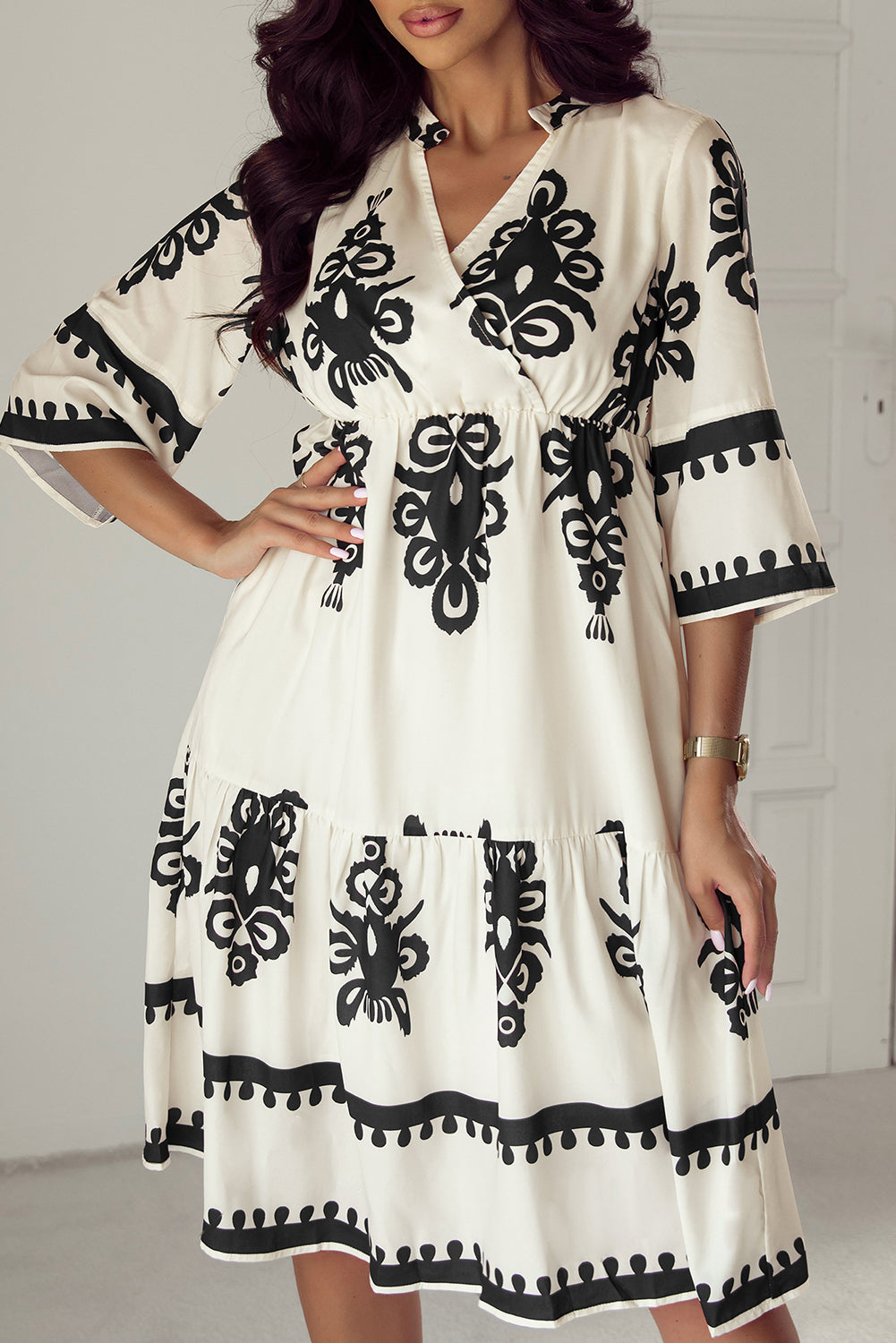 Black Western geometric print midi dress by Mommas Hive with 3/4 sleeves, loose fit, polyester fabric, perfect for casual or stylish occasions.