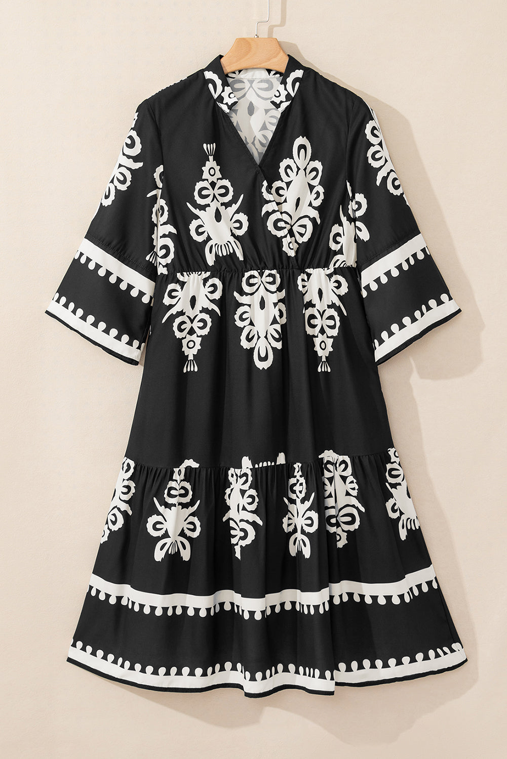 Black Western geometric print midi dress by Mommas Hive featuring 3/4 sleeves and a loose, comfortable fit.