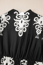 Black Western geometric print loose midi dress with 3/4 sleeves by Mommas Hive, featuring a relaxed fit and casual style.