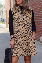 Khaki leopard print sleeveless V-neck mini dress with collar from Mommas Hive, made of polyester and elastane.