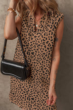 Khaki leopard print sleeveless V-neck collared mini dress by Mommas Hive, made of polyester and elastane, with a stylish collar detail.