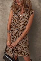 Khaki leopard print V-neck sleeveless mini dress with collar by Mommas Hive, made of polyester and elastane.