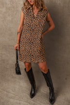 Khaki leopard print sleeveless V-neck mini dress by Mommas Hive with collared neckline and fitted silhouette.