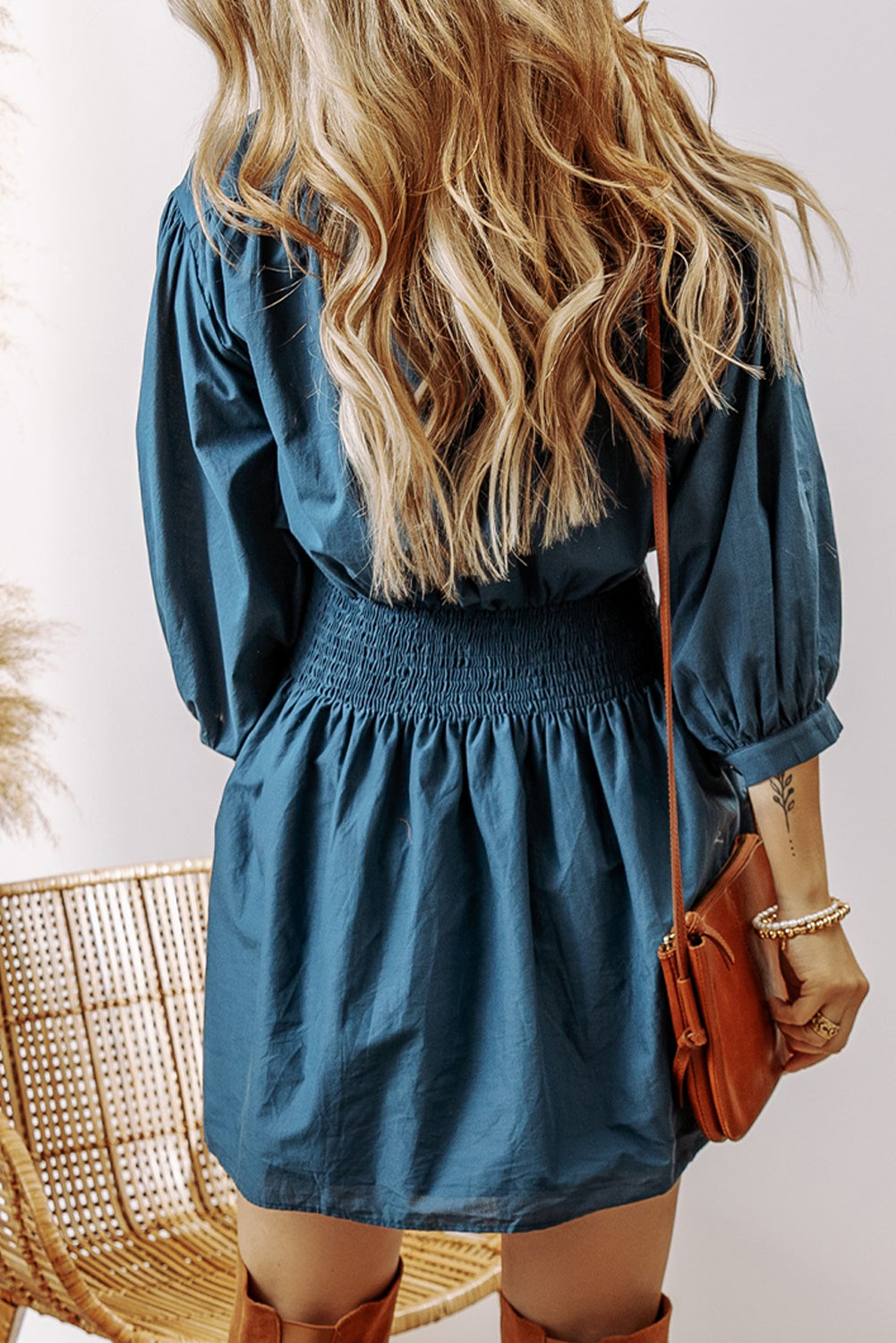 Prussian Blue mini dress by Mommas Hive with 3/4 sleeves, shirred high waist, and buttoned front, made of 100% cotton.