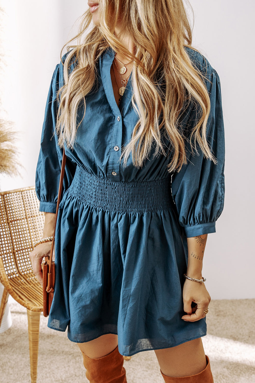 Mommas Hive Prussian Blue 3/4 Sleeve Shirred High Waist Buttoned Mini Dress, lightweight cotton, stylish and comfortable.